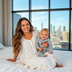 A smiling woman with long, wavy hair sits on a white bed, wearing a loose, white button-up dress