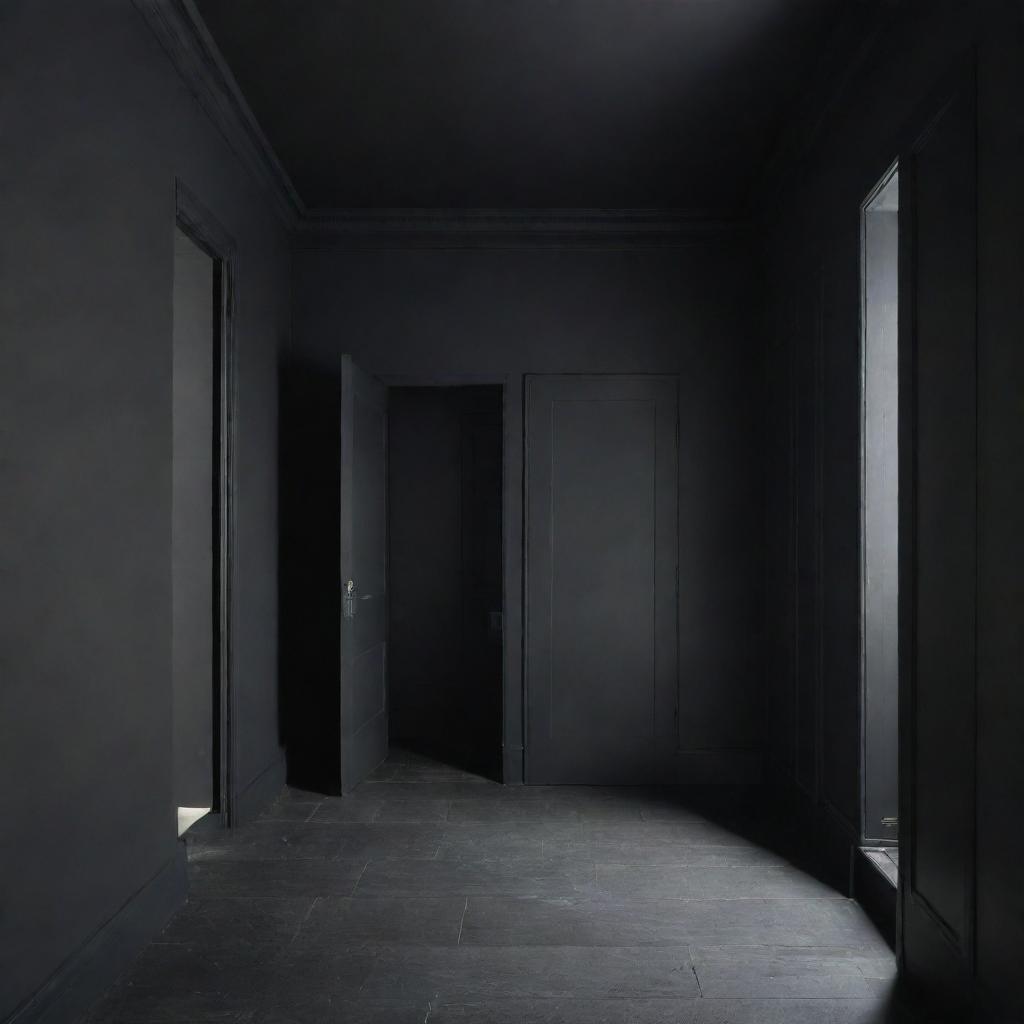 A room with dark slate grey walls, black ceiling and floor, accompanied by pitch black doors.