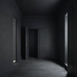 A room with dark slate grey walls, black ceiling and floor, accompanied by pitch black doors.