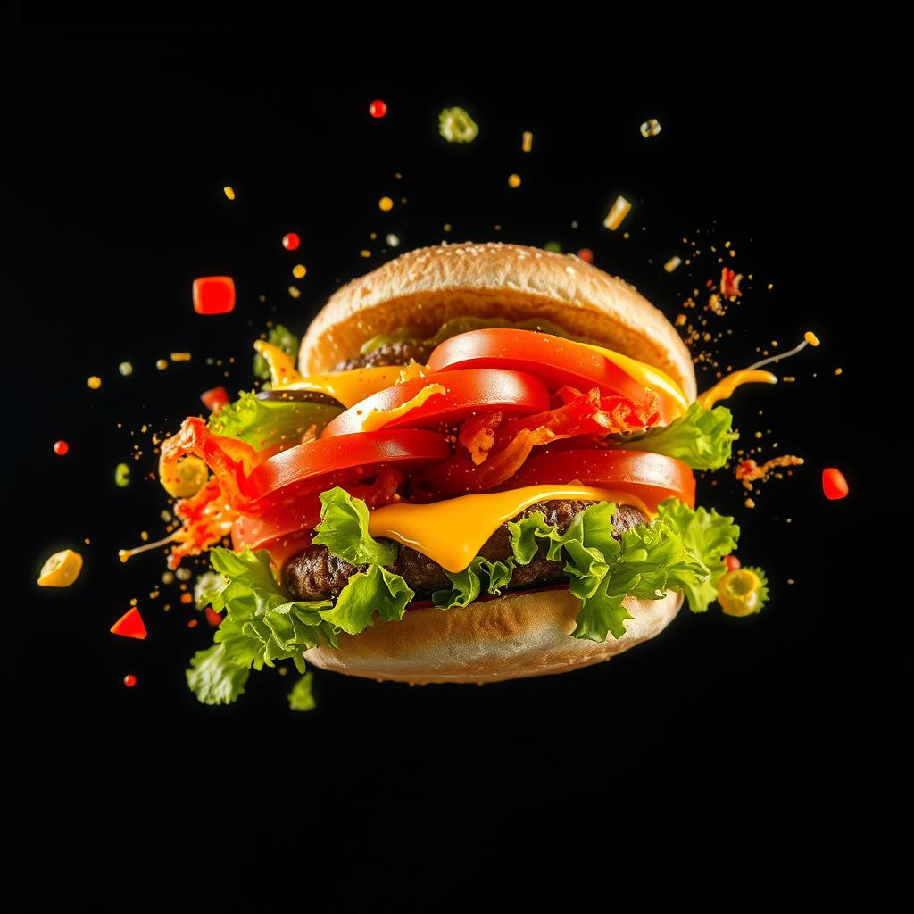 An exploding burger with vibrant vegetables and melted cheese captured mid-air, set against a dark black background