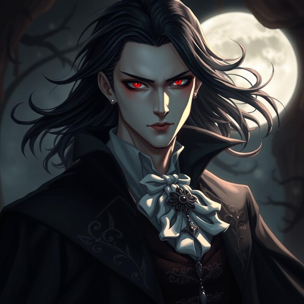 A male vampire with light skin, piercing red eyes, and flowing black hair