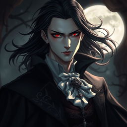 A male vampire with light skin, piercing red eyes, and flowing black hair