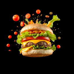 An exploding burger with vibrant vegetables and melted cheese captured mid-air, set against a dark black background