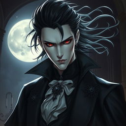 A male vampire with light skin, piercing red eyes, and flowing black hair