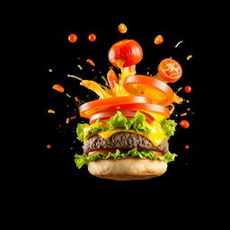 An exploding burger with vibrant vegetables and melted cheese captured mid-air, set against a dark black background