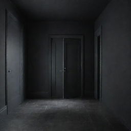 A room with dark slate grey walls, black ceiling and floor, accompanied by pitch black doors.