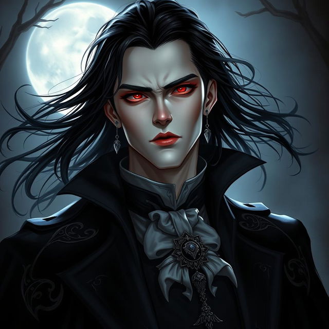 A male vampire with light skin, piercing red eyes, and flowing black hair