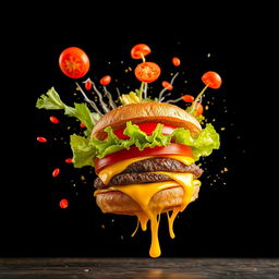 An exploding burger with vibrant vegetables and melted cheese captured mid-air, set against a dark black background