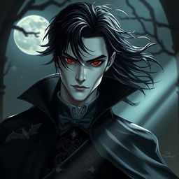 A male vampire with light skin, piercing red eyes, and flowing black hair