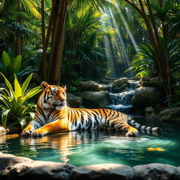 A majestic tiger lounging gracefully in a serene jungle oasis