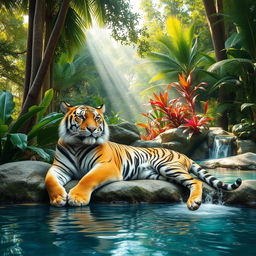 A majestic tiger lounging gracefully in a serene jungle oasis