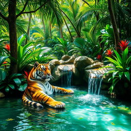 A majestic tiger lounging gracefully in a serene jungle oasis