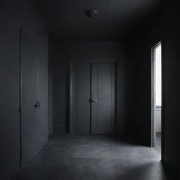 A room with dark slate grey walls, black ceiling and floor, accompanied by pitch black doors.