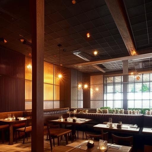 An upscale restaurant interior with high ceilings, elegant lighting fixtures, large windows, and well-placed art. The furniture is modern, comfortable, and stylish, and the overall atmosphere is warm and inviting.