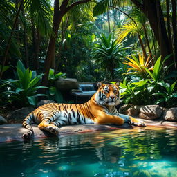 A majestic tiger lounging gracefully in a serene jungle oasis