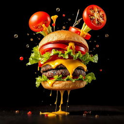 An exploding burger with vibrant vegetables and melted cheese setting against a dark black background