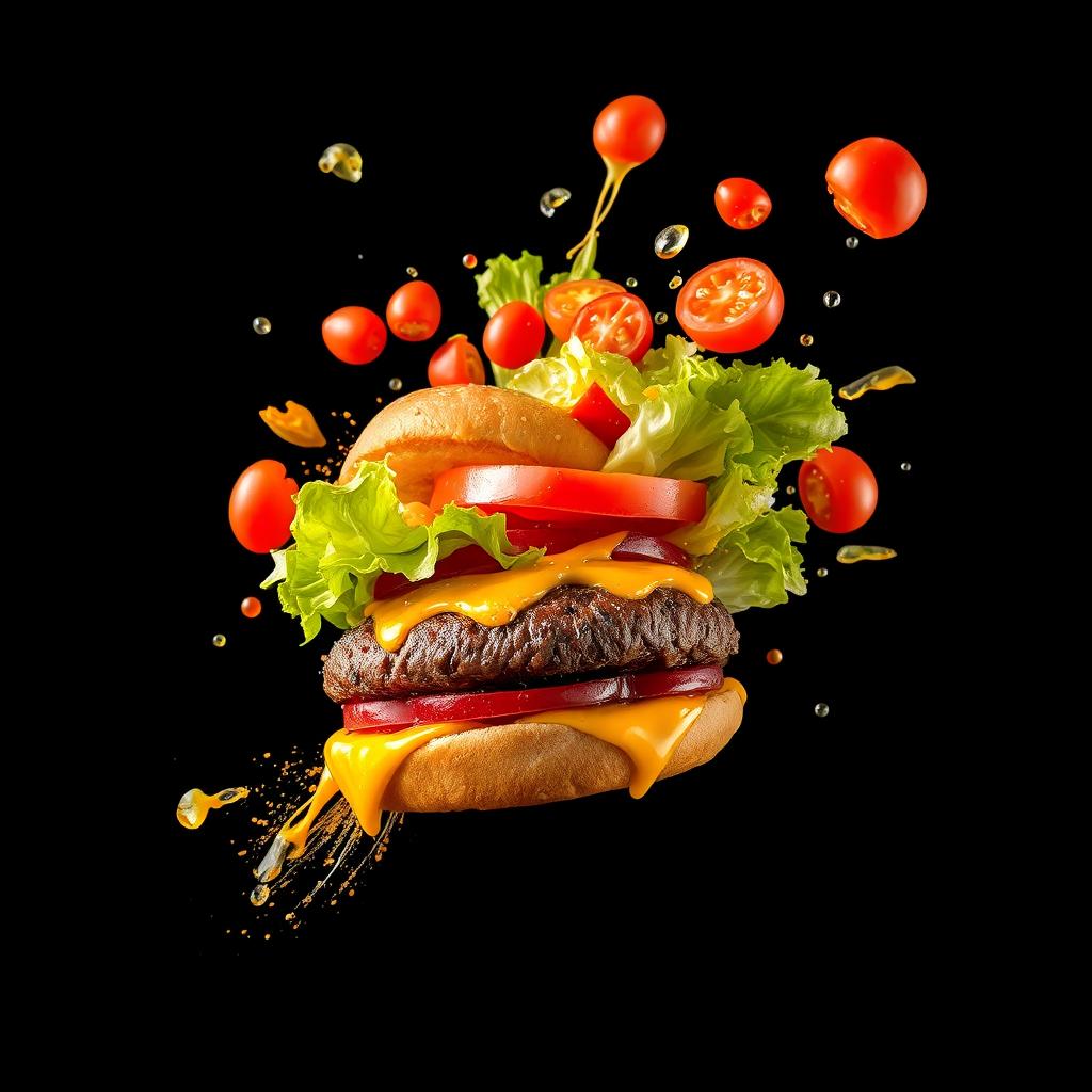 An exploding burger with vibrant vegetables and melted cheese setting against a dark black background