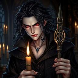 A male vampire mage with light skin, striking red eyes, and flowing black hair