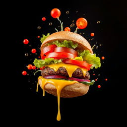 An exploding burger with vibrant vegetables and melted cheese setting against a dark black background