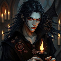 A male vampire mage with light skin, striking red eyes, and flowing black hair