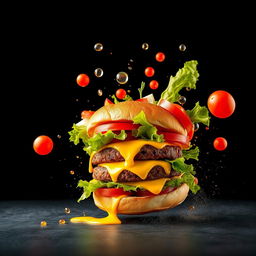 An exploding burger with vibrant vegetables and melted cheese setting against a dark black background