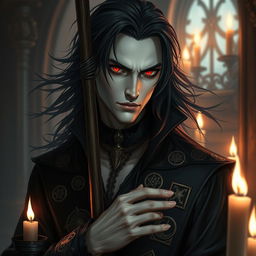 A male vampire mage with light skin, striking red eyes, and flowing black hair