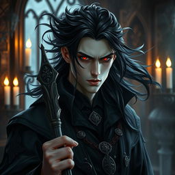 A male vampire mage with light skin, striking red eyes, and flowing black hair