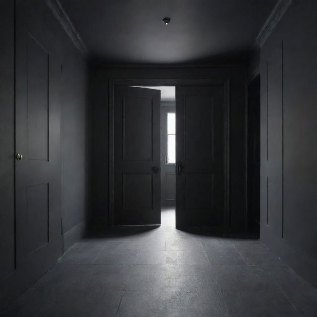 A room with dark slate grey walls, black ceiling and floor, accompanied by pitch black doors.