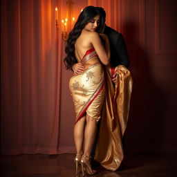 A stunning Thai woman with an enticing figure and captivating curves, wearing a sensual Mekhela Chadar in a luxurious cream, golden, and red color palette, along with a matching red blouse, exudes a seductive energy