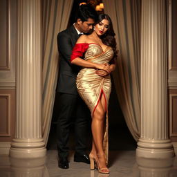 A stunning Thai woman with an enticing figure and captivating curves, wearing a sensual Mekhela Chadar in a luxurious cream, golden, and red color palette, along with a matching red blouse, exudes a seductive energy