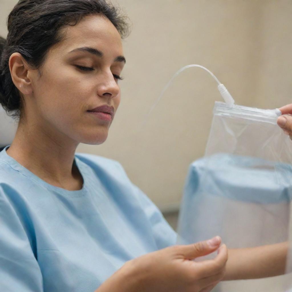 A detailed portrayal of an individual receiving an intravenous infusion, sitting in a comfortable hospital chair, calmly observing the fluid drip from the clear bag.