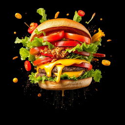 An exploding burger with vibrant vegetables and melted cheese, brilliantly set against a black background