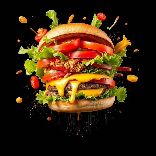 An exploding burger with vibrant vegetables and melted cheese, brilliantly set against a black background