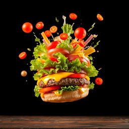 An exploding burger with vibrant vegetables and melted cheese, brilliantly set against a black background