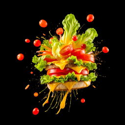 An exploding burger with vibrant vegetables and melted cheese, brilliantly set against a black background