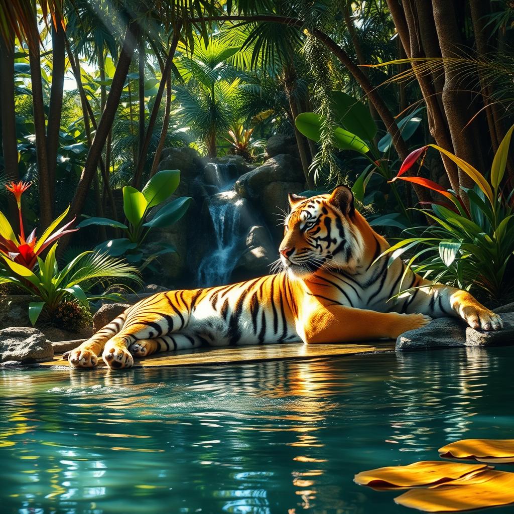 A majestic tiger lounging gracefully in a serene jungle oasis