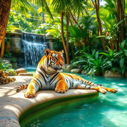 A majestic tiger lounging gracefully in a serene jungle oasis