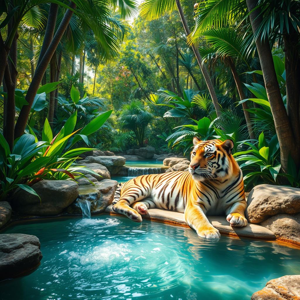 A majestic tiger lounging gracefully in a serene jungle oasis