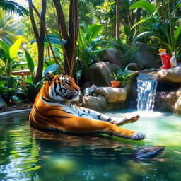 A majestic tiger lounging gracefully in a serene jungle oasis