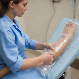 A detailed portrayal of an individual receiving an intravenous infusion, sitting in a comfortable hospital chair, calmly observing the fluid drip from the clear bag.