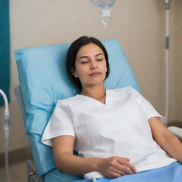 A detailed portrayal of an individual receiving an intravenous infusion, sitting in a comfortable hospital chair, calmly observing the fluid drip from the clear bag.