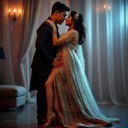 A captivating Indonesian woman with a voluptuous figure is engaged in a romantic and sensual moment with her boyfriend