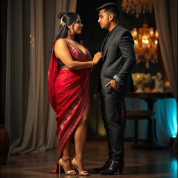 A captivating Indonesian woman with a voluptuous figure is engaged in a romantic and sensual moment with her boyfriend