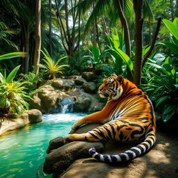 A majestic tiger lounging gracefully in a serene jungle oasis