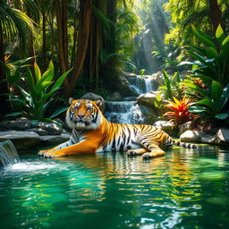 A majestic tiger lounging gracefully in a serene jungle oasis