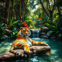 A majestic tiger lounging gracefully in a serene jungle oasis