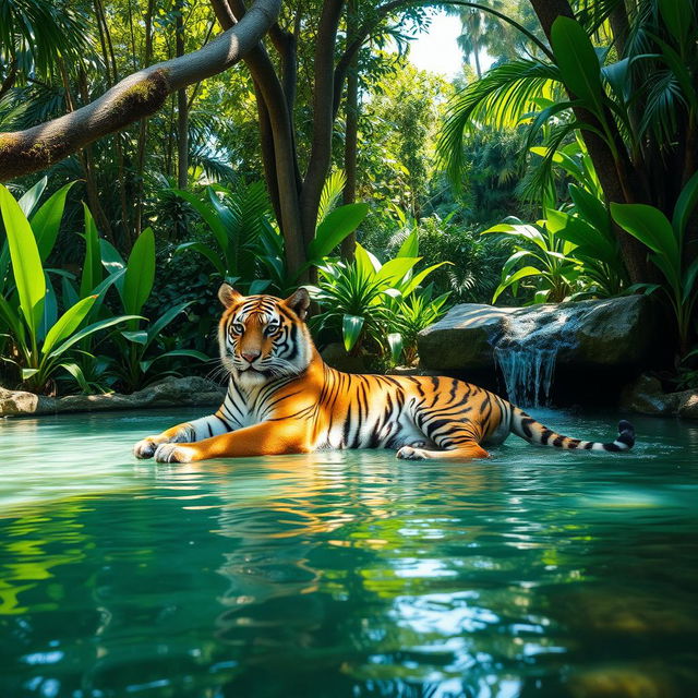 A majestic tiger lounging gracefully in a serene jungle oasis