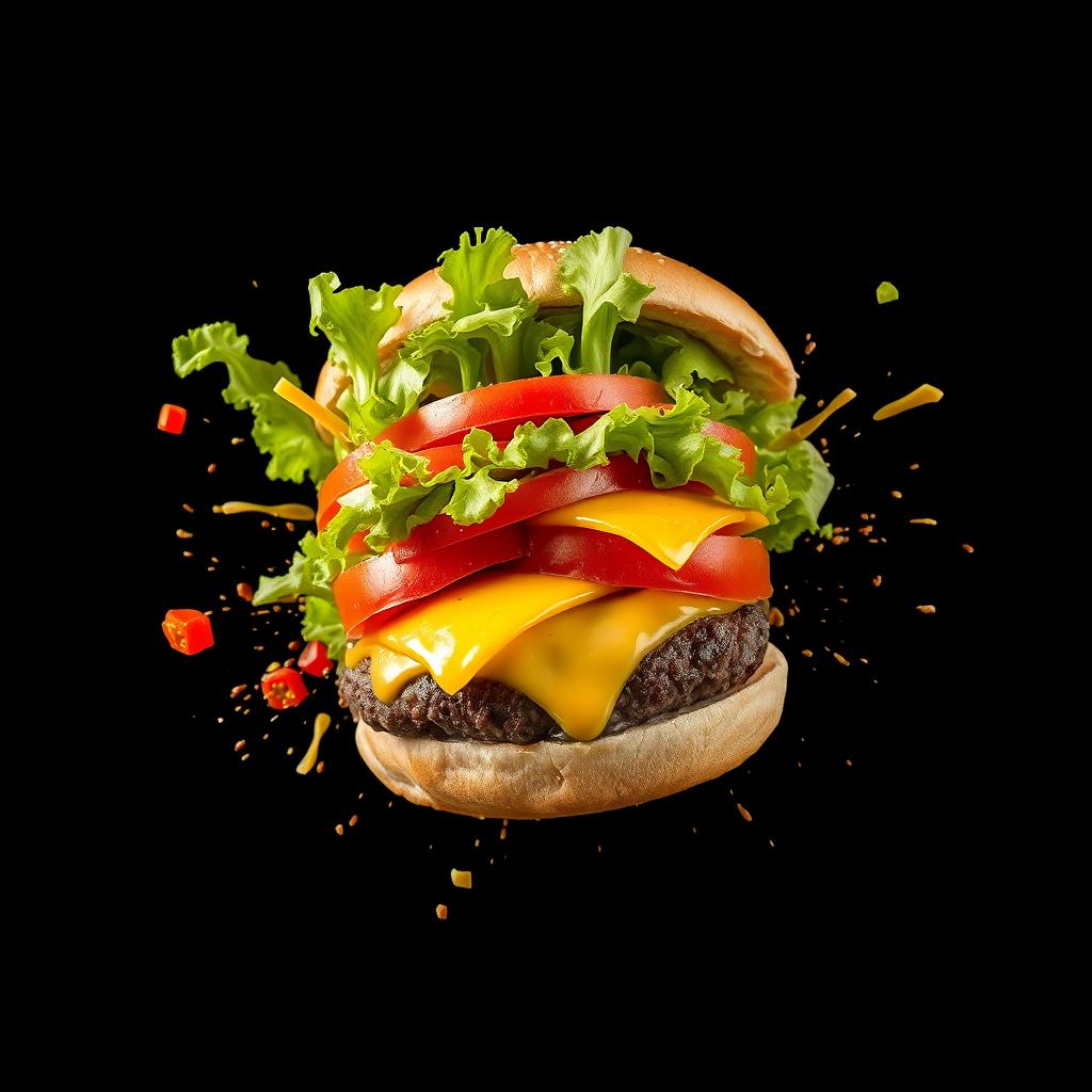 An exploding burger bursting with vibrant vegetables and melted cheese, dramatically set against a black background