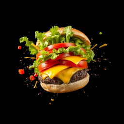 An exploding burger bursting with vibrant vegetables and melted cheese, dramatically set against a black background