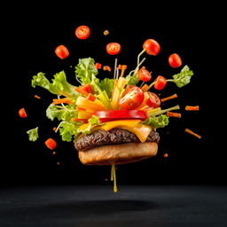 An exploding burger bursting with vibrant vegetables and melted cheese, dramatically set against a black background